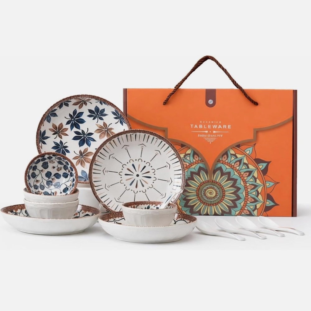 Maison Viore Paris Golden Fall Four Bowls With Four spoons and four plates 12pcs